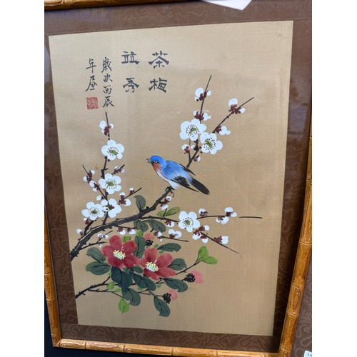 699 - Three 1960s Chinese Paintings on Silk Depicting Birds in Trees in Traditional Bamboo Frames