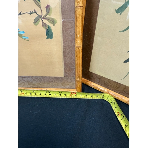 699 - Three 1960s Chinese Paintings on Silk Depicting Birds in Trees in Traditional Bamboo Frames