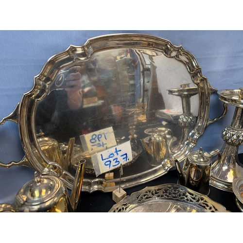 937 - A Large Lot of Silver Plate Items to include Wine Coasters, Candlesticks, Tray etc