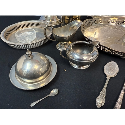 937 - A Large Lot of Silver Plate Items to include Wine Coasters, Candlesticks, Tray etc