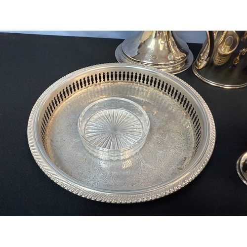 937 - A Large Lot of Silver Plate Items to include Wine Coasters, Candlesticks, Tray etc