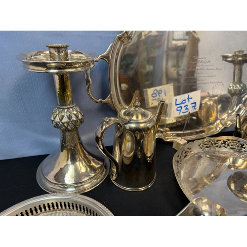 937 - A Large Lot of Silver Plate Items to include Wine Coasters, Candlesticks, Tray etc