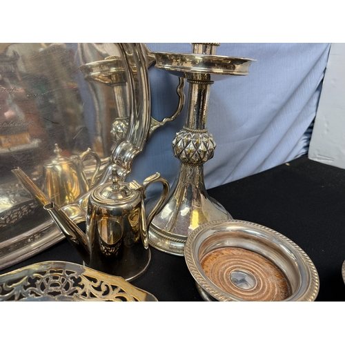 937 - A Large Lot of Silver Plate Items to include Wine Coasters, Candlesticks, Tray etc