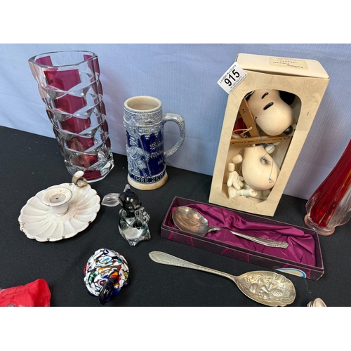 915 - A Good Lot of Collectables including Luminarc Vases, Pelham Snoopy Puppet, Royal Albert Country Rose... 