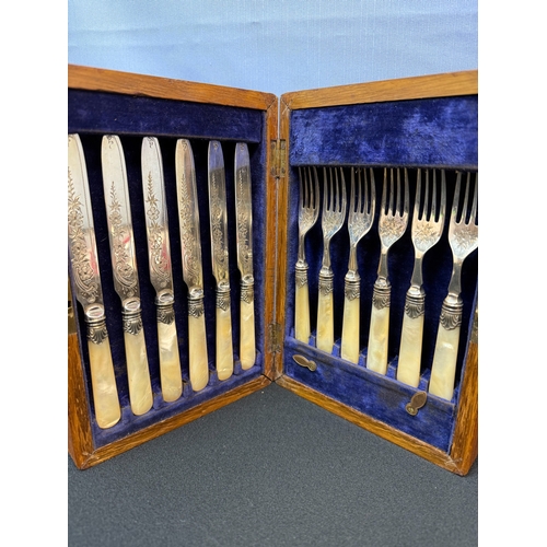 920 - Silver Collared Mother of Pearly Handled Fish Cutlery Set in Original Wooden Box plus Two Other Silv... 