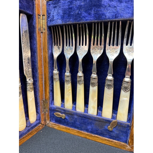 920 - Silver Collared Mother of Pearly Handled Fish Cutlery Set in Original Wooden Box plus Two Other Silv... 