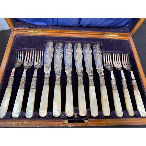 920 - Silver Collared Mother of Pearly Handled Fish Cutlery Set in Original Wooden Box plus Two Other Silv... 