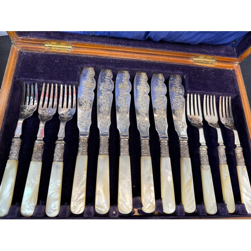 920 - Silver Collared Mother of Pearly Handled Fish Cutlery Set in Original Wooden Box plus Two Other Silv... 