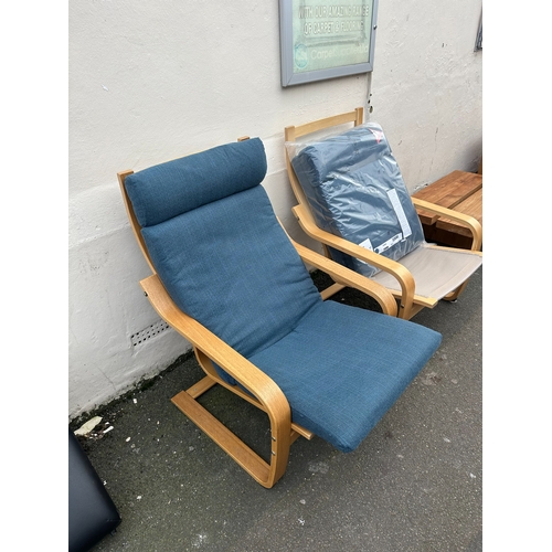 648N - Pair of Ikea Poang Armchairs, in excellent condition, one with brand new cushions