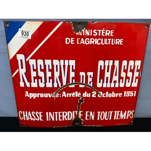 930 - 1950s French Game Reserve Enamel Sign 44cm x 37cm