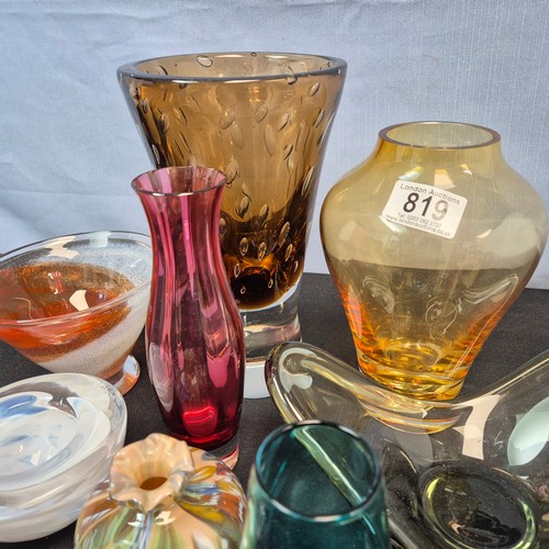 819 - Shelf of Good Quality Coloured Glass including Caithness, Kosta Boda etc.