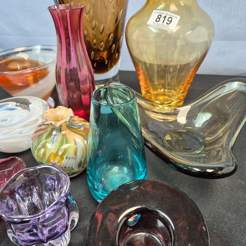 819 - Shelf of Good Quality Coloured Glass including Caithness, Kosta Boda etc.