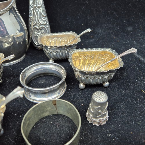 886 - Quantity of Hallmarked Silver Items incl. Brush, Napkin Rings, Milk Jug, Four Open Salts etc (Weight... 