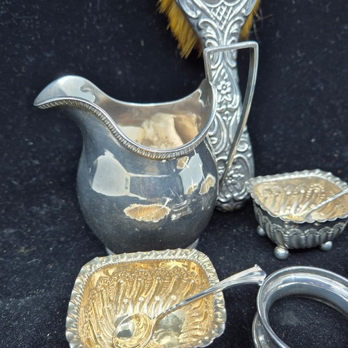 886 - Quantity of Hallmarked Silver Items incl. Brush, Napkin Rings, Milk Jug, Four Open Salts etc (Weight... 