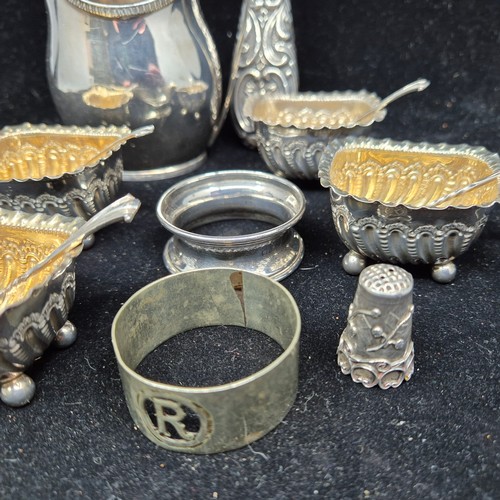 886 - Quantity of Hallmarked Silver Items incl. Brush, Napkin Rings, Milk Jug, Four Open Salts etc (Weight... 