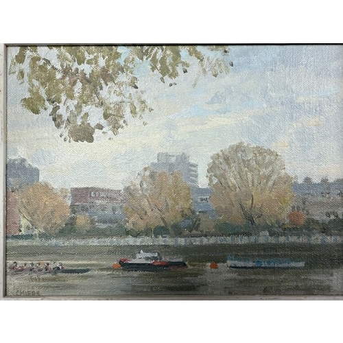 372A - Christopher Miers RBA: Born 1941. Oil on Board Titled Autumn on the River, Putney. 6