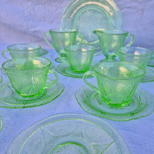 725 - Hazel Atlas Royal Lace Uranium Glass Tea Set