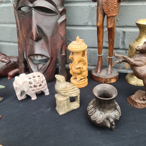 690B - A Good Box of Collectables to include Tribal Wooden Mask, Carved Wooden Figures, Carved Stone Figure... 