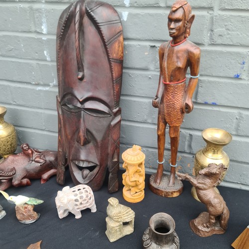 690B - A Good Box of Collectables to include Tribal Wooden Mask, Carved Wooden Figures, Carved Stone Figure... 