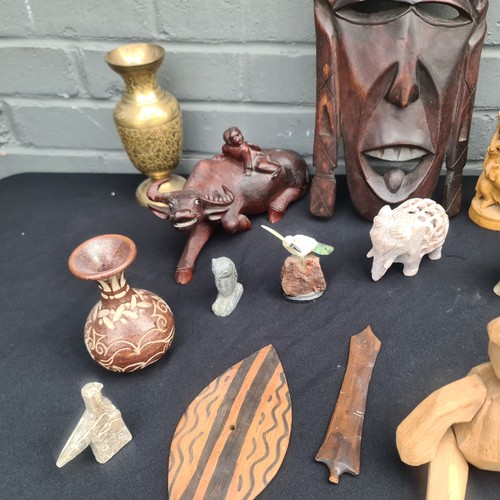 690B - A Good Box of Collectables to include Tribal Wooden Mask, Carved Wooden Figures, Carved Stone Figure... 