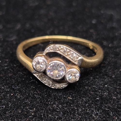 21 - An Art Nouveau Style 18ct Gold Platinum Set Diamond Trilogy Ring (3.18g)