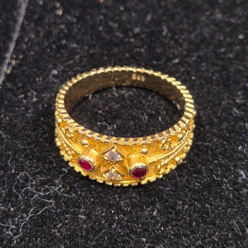 27 - Indian Gold Jewellery: A 14ct Ring Size Q (4.42g) and a pair of Yellow Metal Earrings (tested 10ct) ... 
