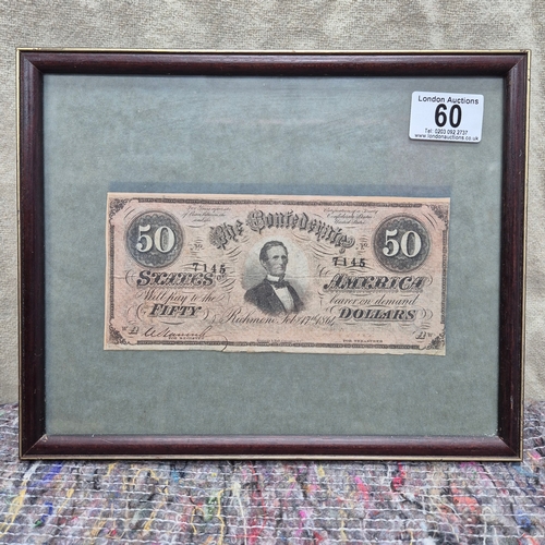 60 - A Framed Confederate States USA 50 Dollar Note W Plate without series