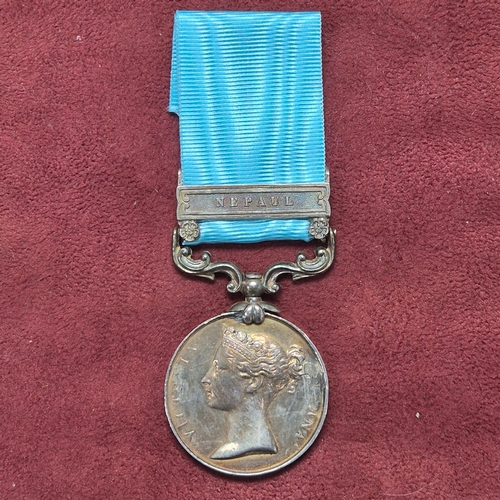 64 - An Army of India Medal with a Nepal Clasp (Anglo-Nepalese War) issued to Robert Hewart 17th Foot