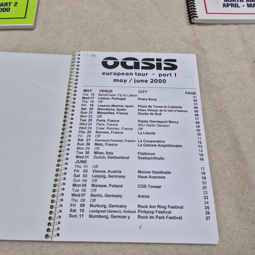 214 - Oasis - Six Oasis Tour Itineraries, each containing a list of venues and tour personnel