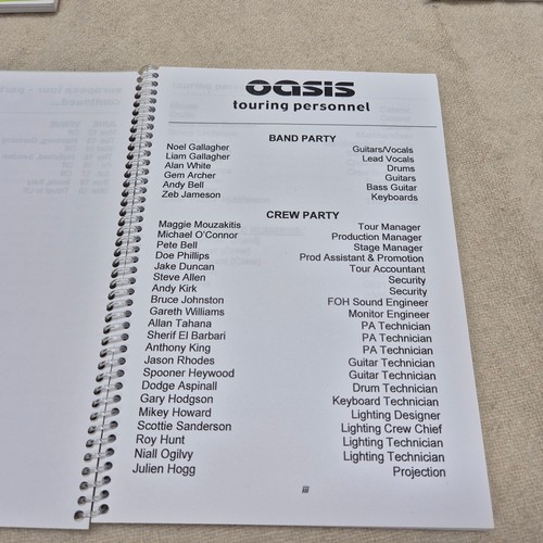 214 - Oasis - Six Oasis Tour Itineraries, each containing a list of venues and tour personnel