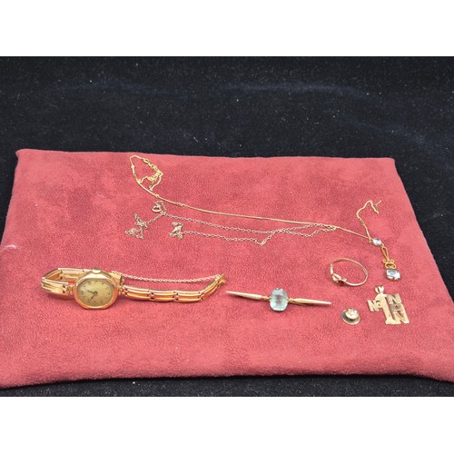 509 - Mixed Lot of 9ct Gold Jewellery to include 9ct Cased and Strap Ladies Watch (14.4g) , Various other ... 