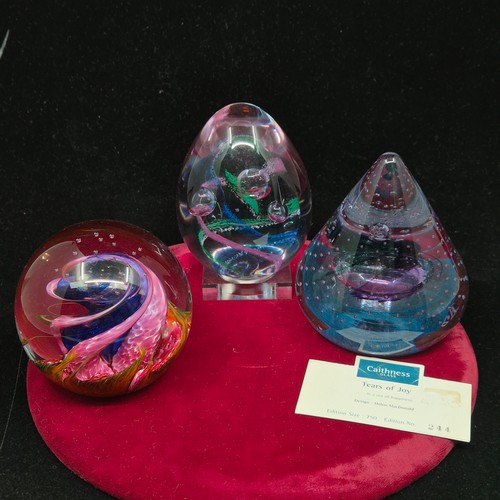 Three Scottish Glass Paperweights - a Caithness Limited Edition Tears ...