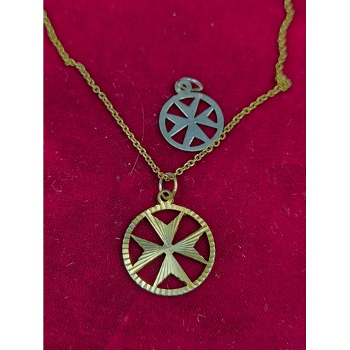 61 - A Silver Gilt Maltese Cross Pendant with Chain (approx 3.1g) together with a White Metal example