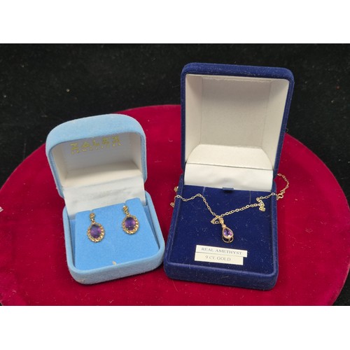 66 - A 9ct Gold Amethyst Necklace together with a Pair of Amethyst Earrings