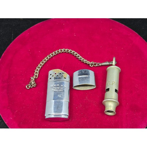 74 - An Antique GPO Whistle together with a Vintage Tommy Lighter