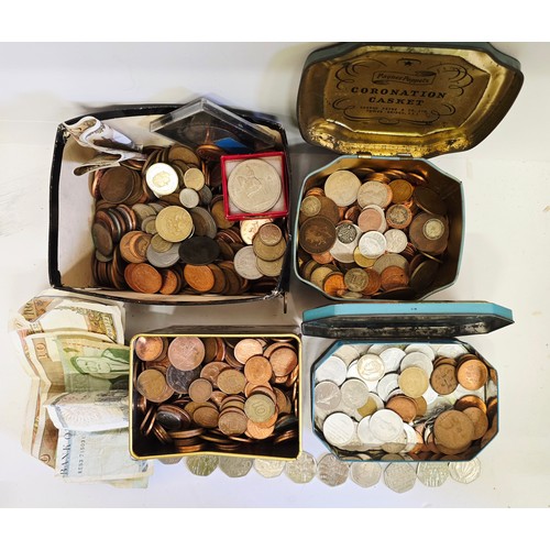 11 - Boxes of coins and banknotes including modern, vintage and world