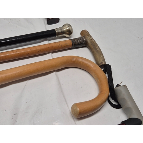 676A - A Collection of Walking Sticks to include Silver Handled example