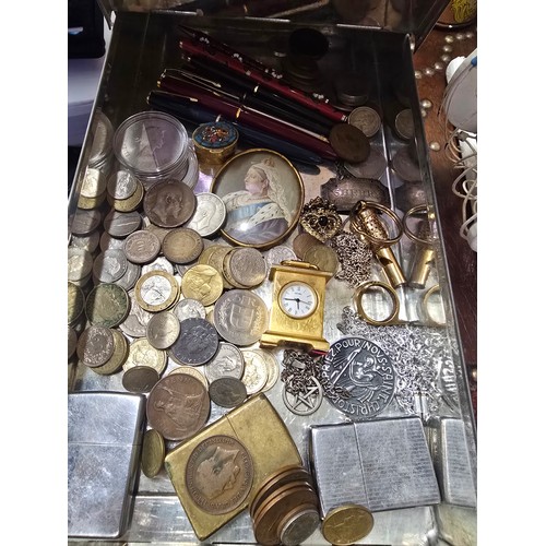 9 - Old safety deposit box containing various contents including coins, gold nib pens, and other vintage... 