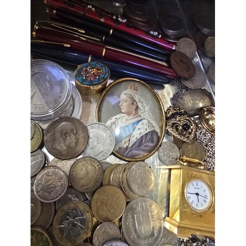 9 - Old safety deposit box containing various contents including coins, gold nib pens, and other vintage... 