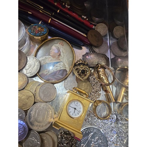 9 - Old safety deposit box containing various contents including coins, gold nib pens, and other vintage... 