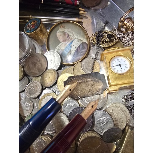 9 - Old safety deposit box containing various contents including coins, gold nib pens, and other vintage... 