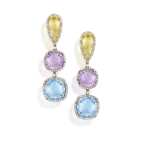 41 - A PAIR OF GEM-SET EARRINGS, each surmount set with a faceted pear-shaped yellow topaz, faceted cushi... 