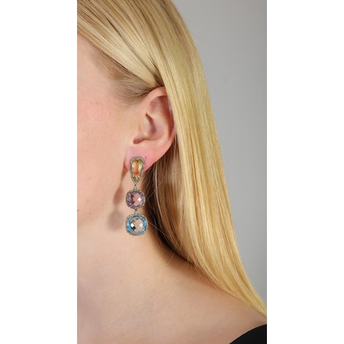 41 - A PAIR OF GEM-SET EARRINGS, each surmount set with a faceted pear-shaped yellow topaz, faceted cushi... 