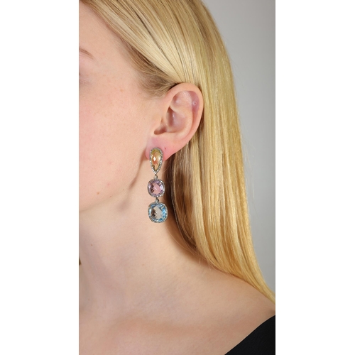 41 - A PAIR OF GEM-SET EARRINGS, each surmount set with a faceted pear-shaped yellow topaz, faceted cushi... 