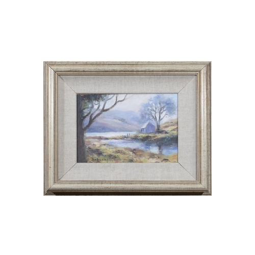 189 - Deirdre O'Donnell (20th/21st Century) Cottage by a Lake Oil on board, 16 x 23cm Signed