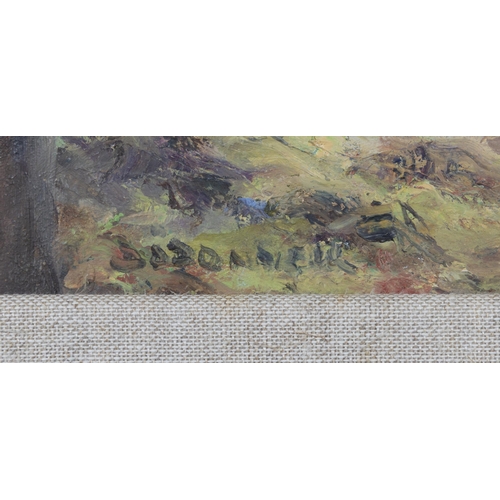 189 - Deirdre O'Donnell (20th/21st Century) Cottage by a Lake Oil on board, 16 x 23cm Signed