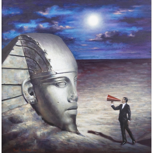 198 - Paul Wilson (b.1963) The Conversation Oil on canvas, 60 x 60cm    Signed; also inscribed verso