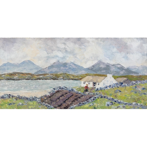 215 - Fergus O'Ryan RHA (1910-1989) Mannin Bay, Clifden, Connemara Oil on canvas, 27.6 x 56cm Signed; insc... 