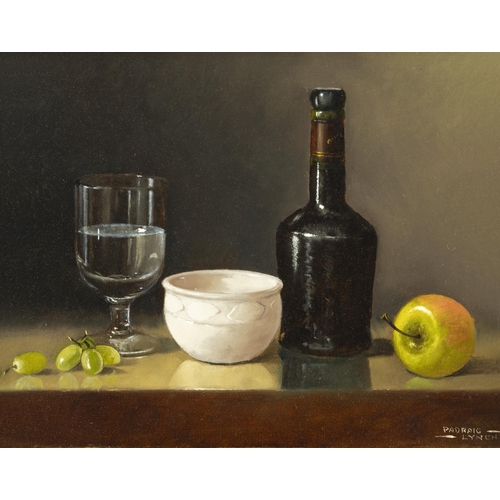 234 - Padraig Lynch (Contemporary) Still life with Grapes and Apple Oil on board, 28 x 34cm Signed  Proven... 