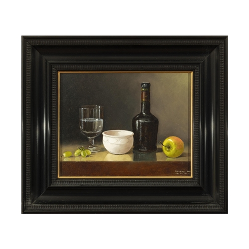 234 - Padraig Lynch (Contemporary) Still life with Grapes and Apple Oil on board, 28 x 34cm Signed  Proven... 